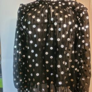 Black & Metallic Ruffle Sleeve Polka Dot Blouse